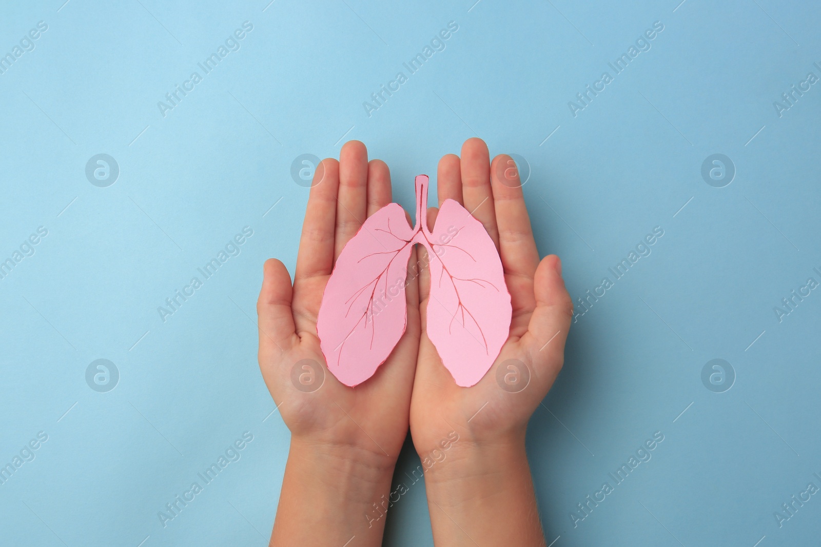 Photo of Child holding paper human lungs on light blue background, top view