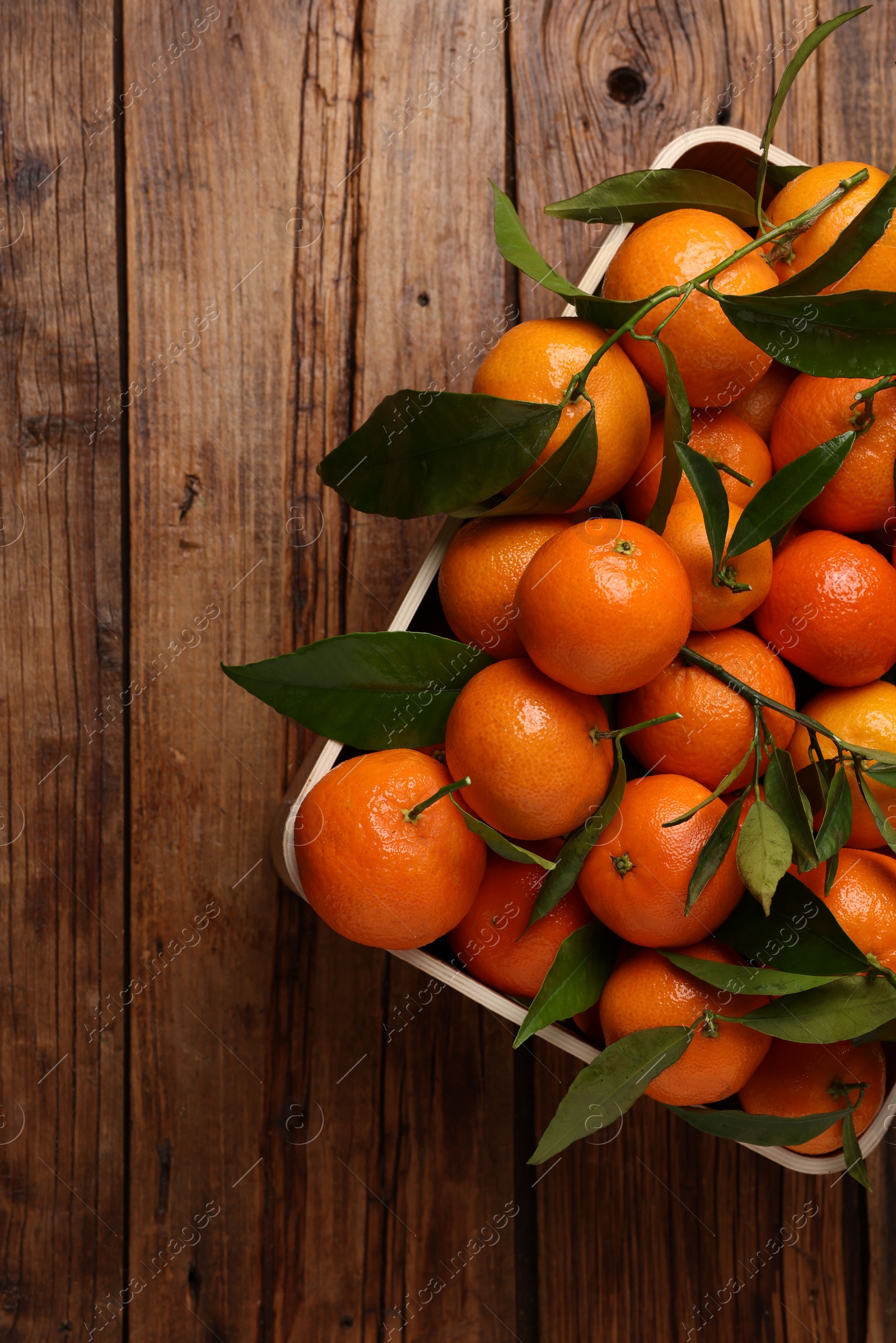 Photo of Fresh tangerines with green leaves in crate on wooden table, top view