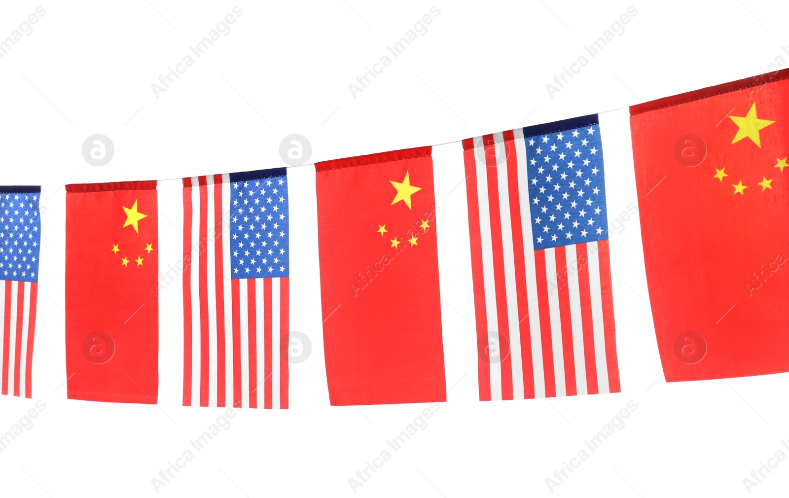 Photo of Garland with USA and China flags on white background. International relations