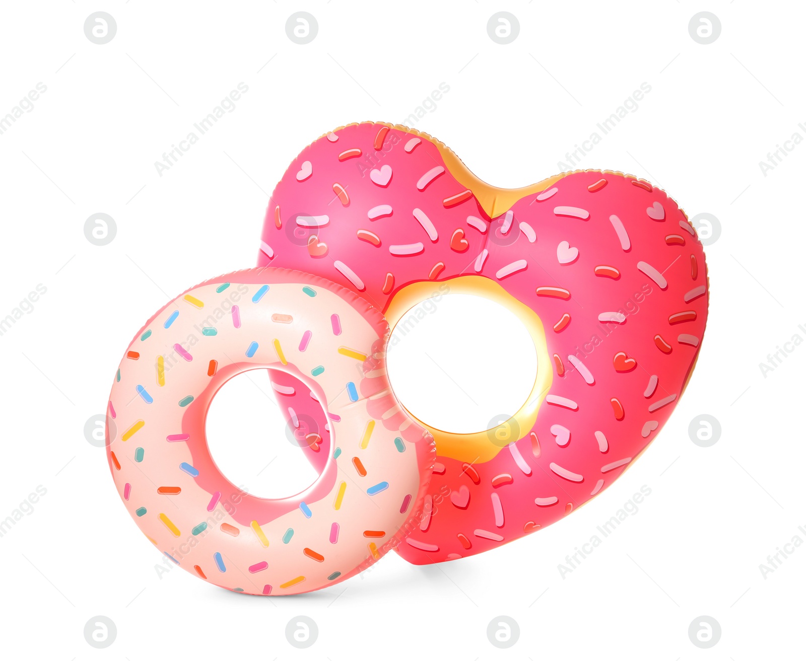 Photo of Different inflatable rings on white background. Summer holidays