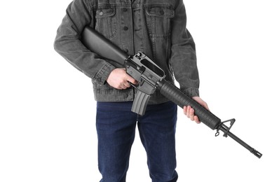 Photo of Assault gun. Man holding rifle on white background, closeup