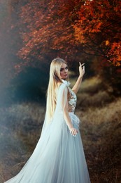 Beautiful girl wearing fairy dress in autumn forest