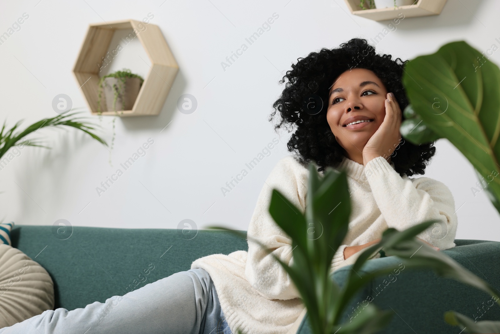 Photo of Relaxing atmosphere. Woman on sofa near beautiful houseplants at home
