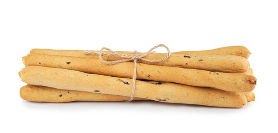 Fresh delicious grissini sticks on white background