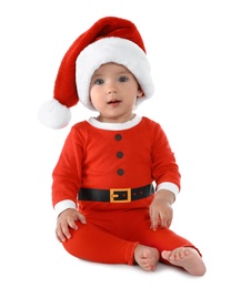 Cute little baby wearing festive Christmas costume on white background