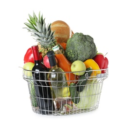 Shopping basket with grocery products on white background