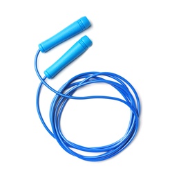 Photo of Jump rope on white background, top view