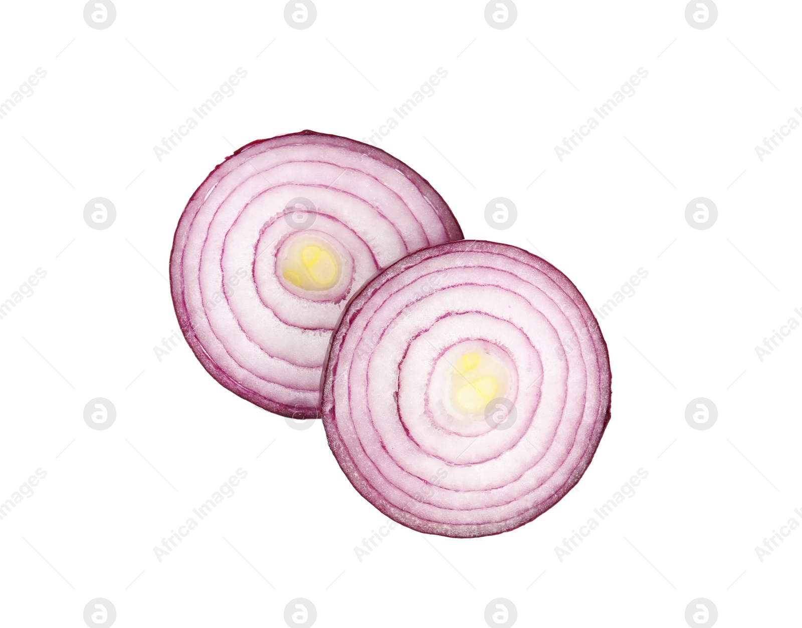 Photo of Fresh slices of red onion on white background, top view