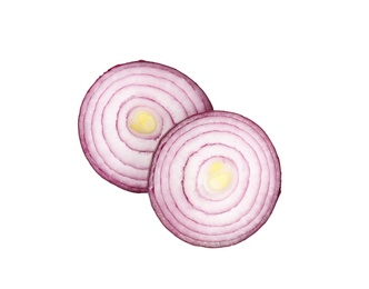 Fresh slices of red onion on white background, top view