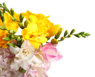 Photo of Bouquet of beautiful freesia flowers on white background, closeup