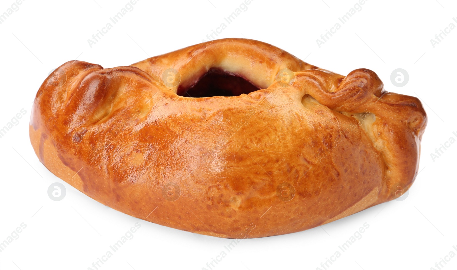 Photo of Delicious baked patty with cherry filling on white background