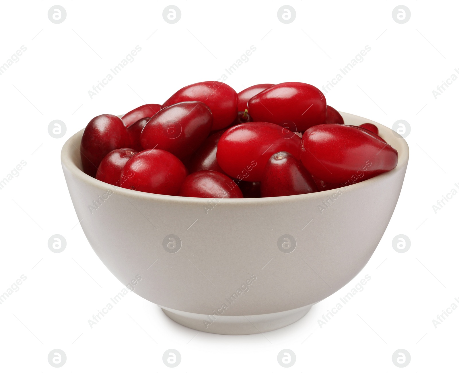 Photo of Fresh ripe dogwood berries in bowl on white background