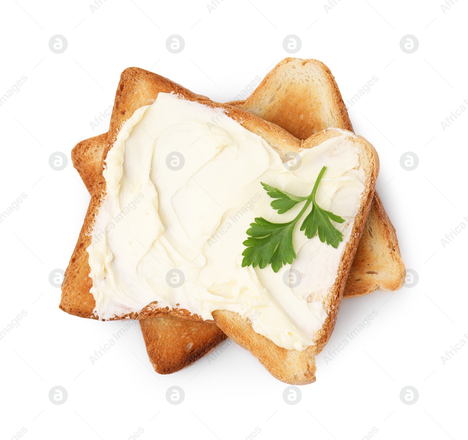 Photo of Toasts with butter and fresh parsley isolated on white, top view