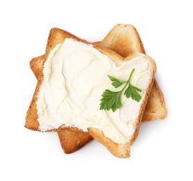 Toasts with butter and fresh parsley isolated on white, top view