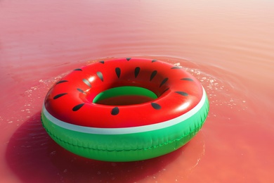 Inflatable ring floating in pink lake on sunny day