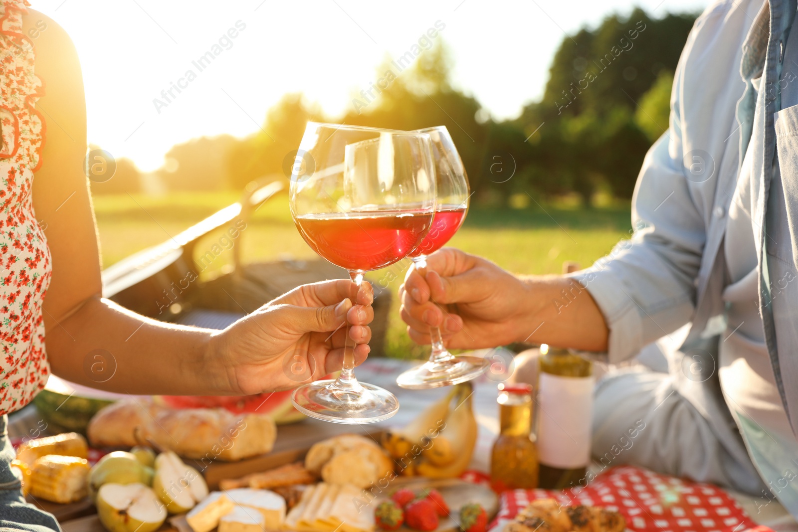 Photo of Happy couple having picnic in park on sunny day, closeup