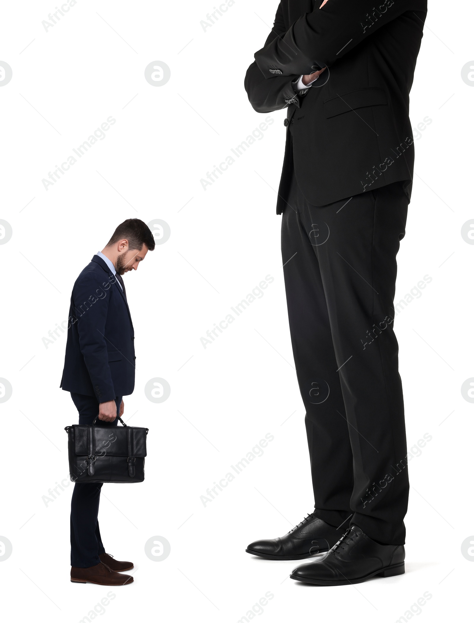 Image of Giant boss and sad small man on white background