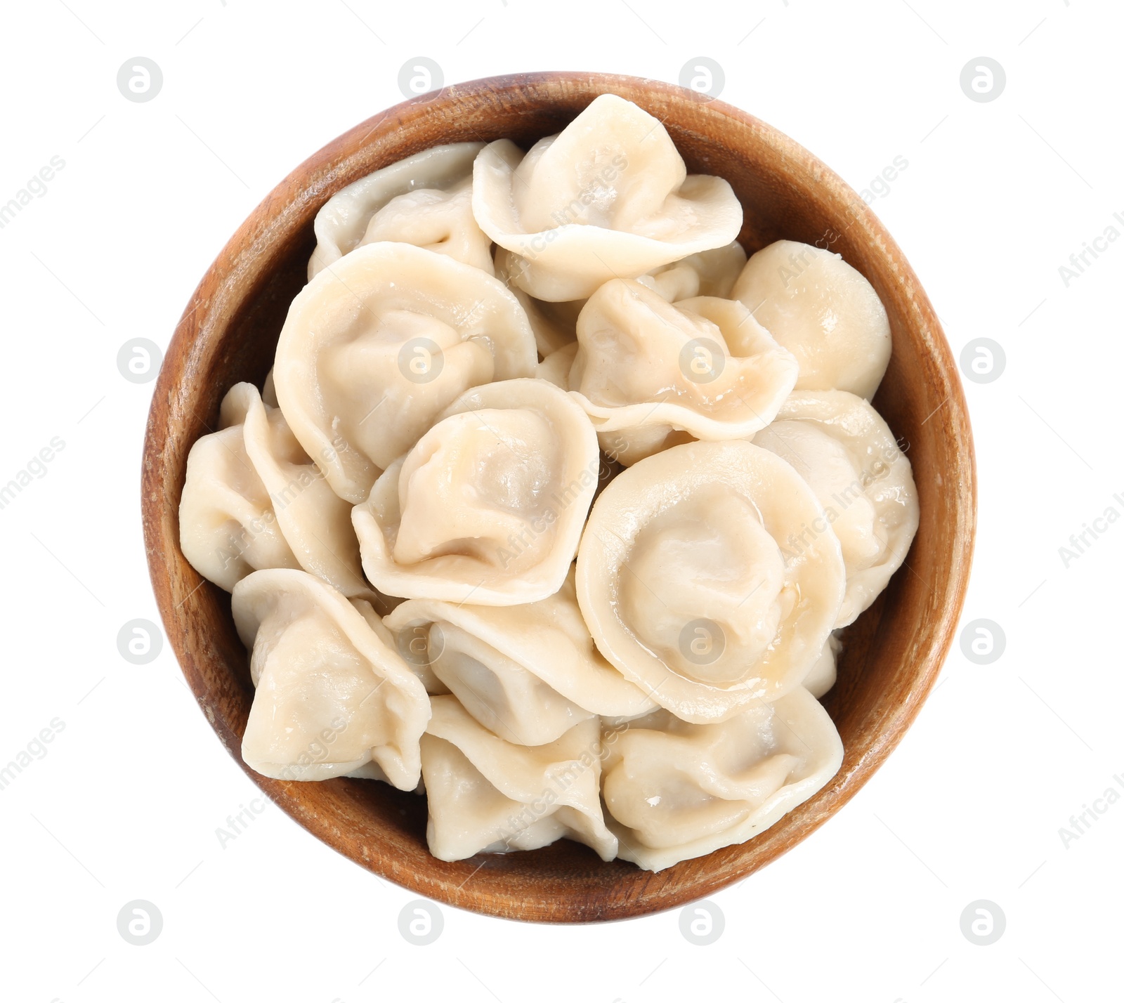 Photo of Tasty dumplings in bowl isolated on white, top view