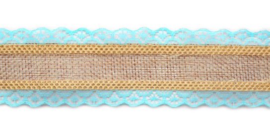 Photo of Burlap ribbon with light blue lace on white background, top view