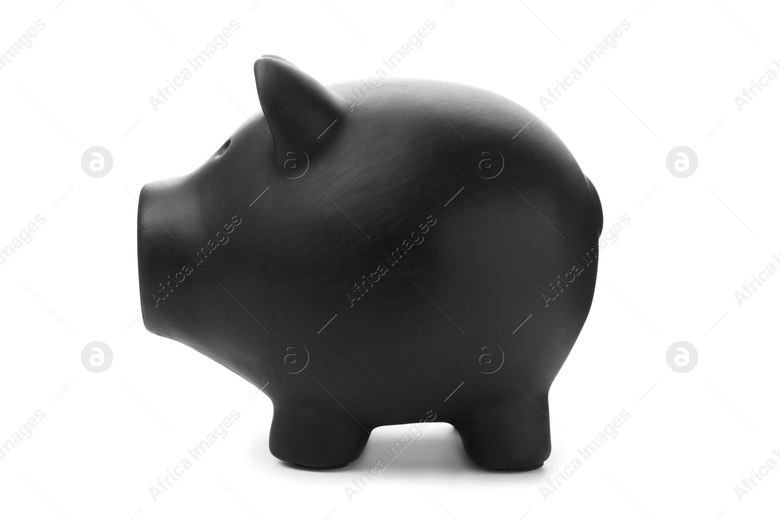 Photo of Black piggy bank on white background. Money saving