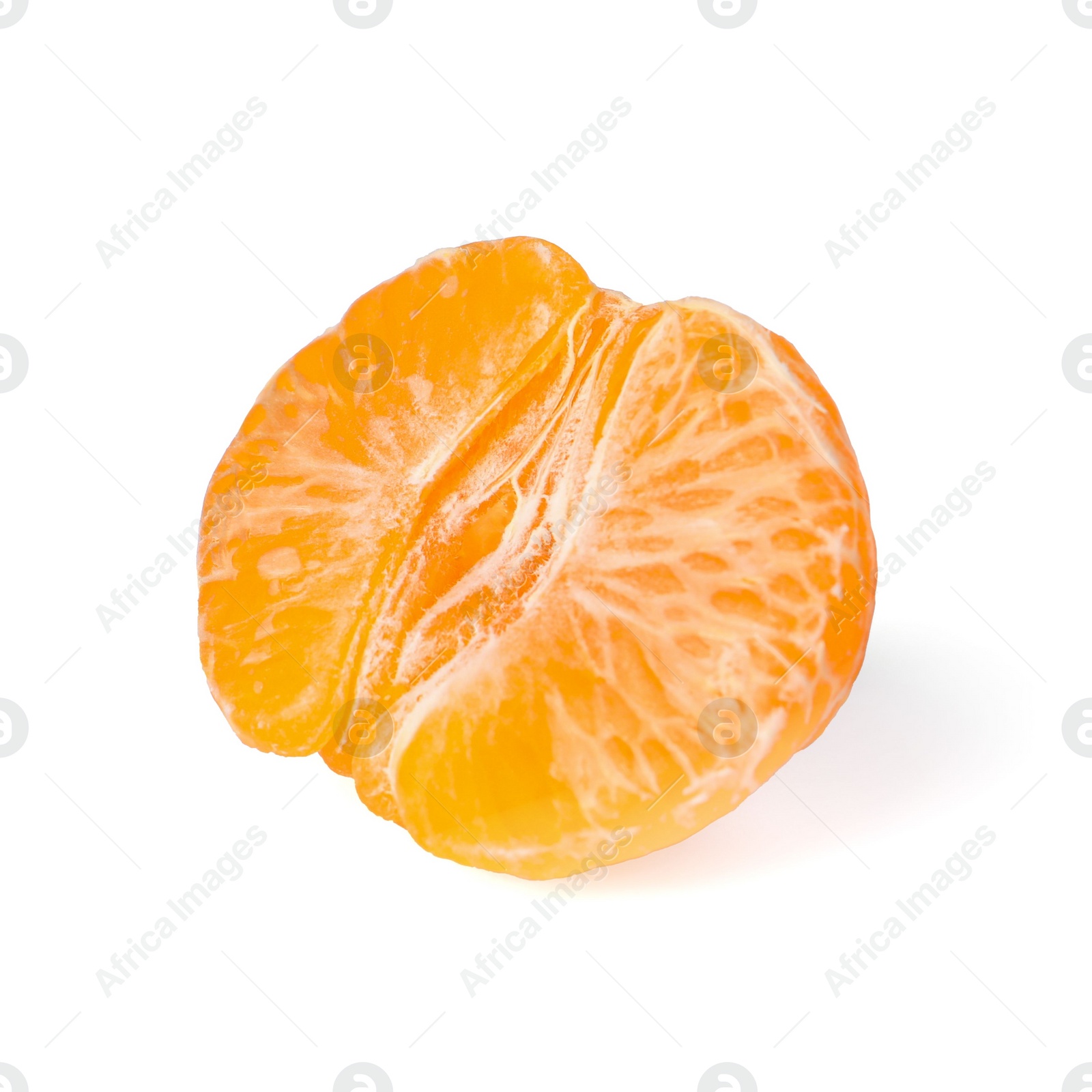 Photo of Half of peeled fresh ripe tangerine isolated on white