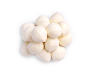 Photo of Many tasty mozzarella balls isolated on white, top view