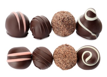 Image of Set with delicious sweet chocolate truffles on white background 