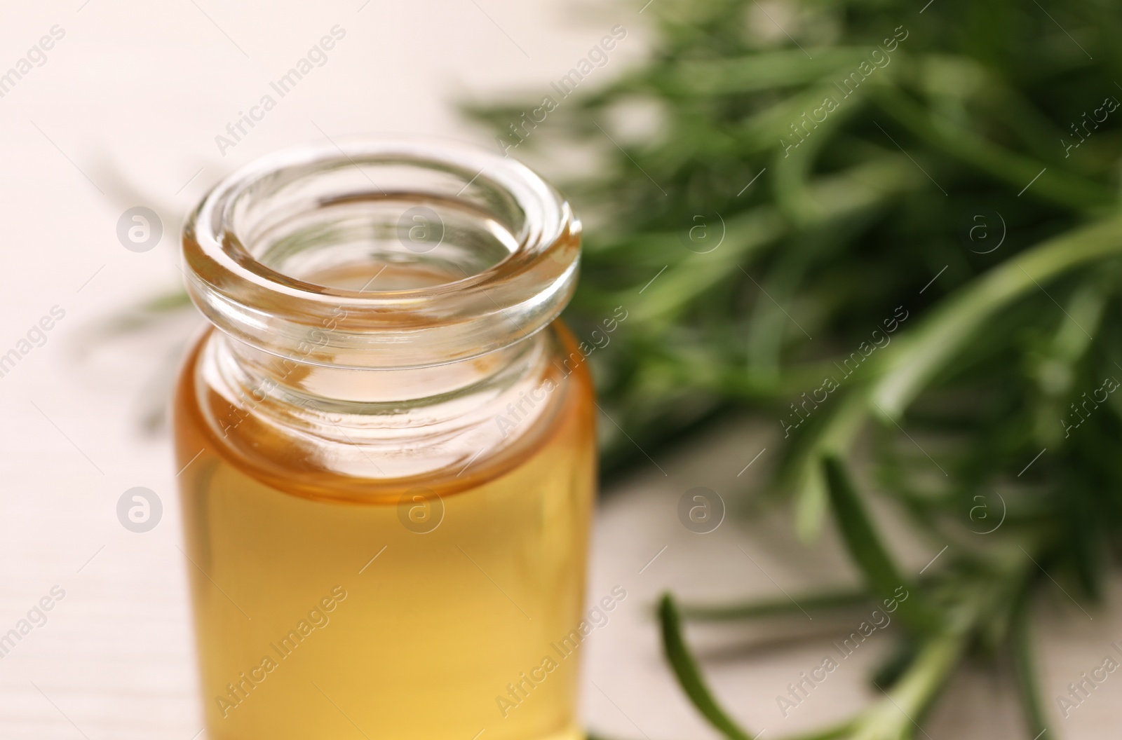 Photo of Bottle of rosemary oil on blurred background, closeup. Space for text