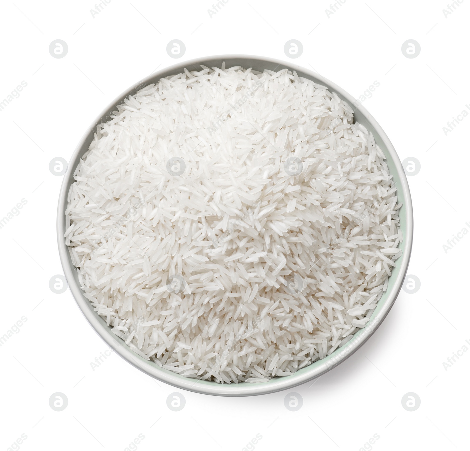 Photo of Raw basmati rice in bowl isolated on white, top view