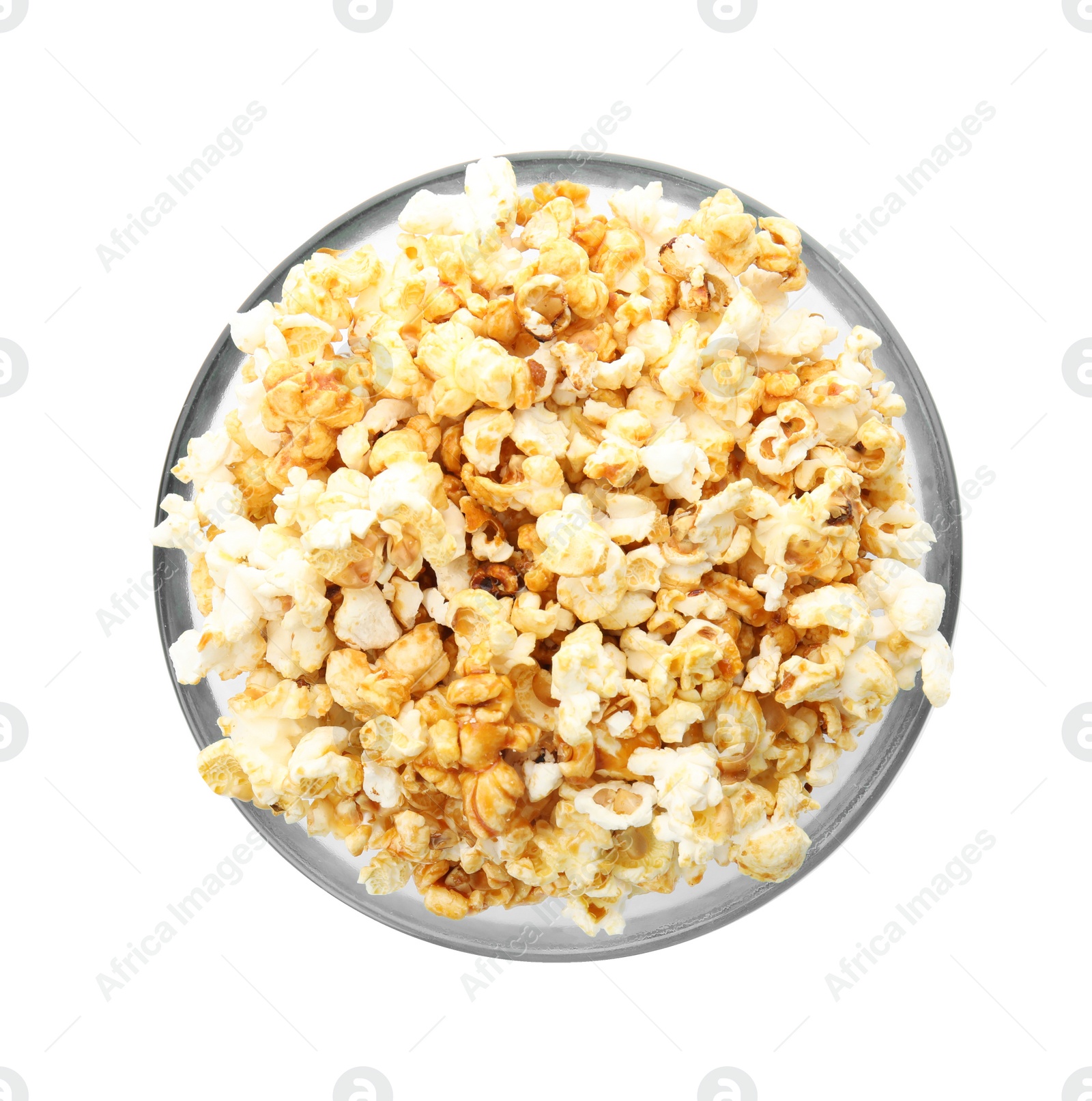 Photo of Bowl with delicious fresh popcorn on white background, top view