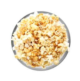 Bowl with delicious fresh popcorn on white background, top view