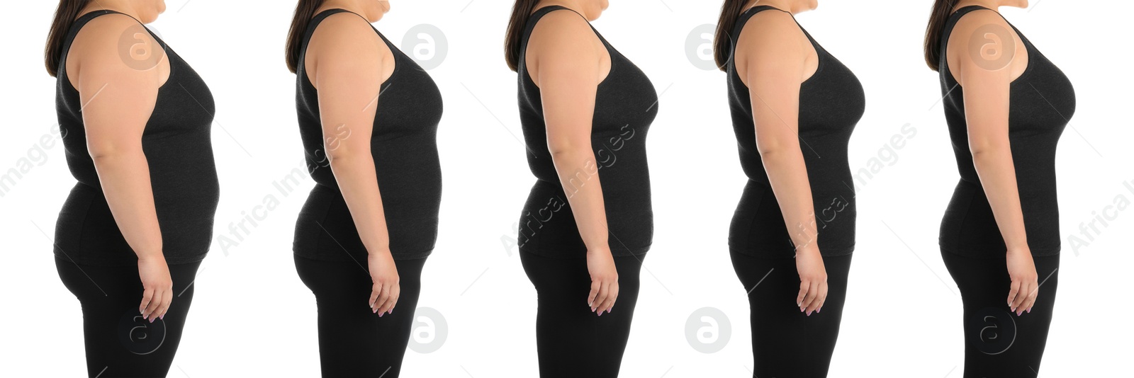 Image of Collage with photos of overweight woman before and after weight loss on white background,closeup. Banner design 
