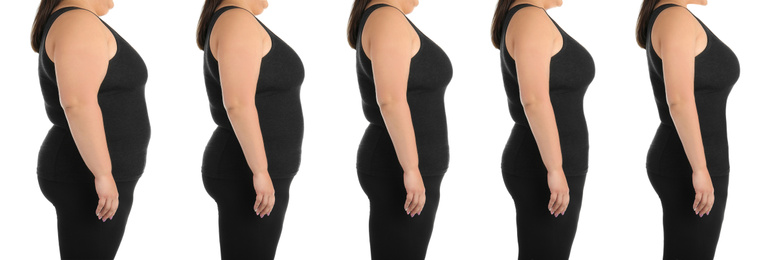 Collage with photos of overweight woman before and after weight loss on white background,closeup. Banner design 