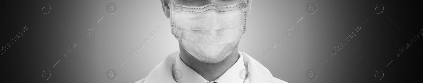 Image of Closeup view of man wearing medical face mask on grey background, banner design. Black and white photography