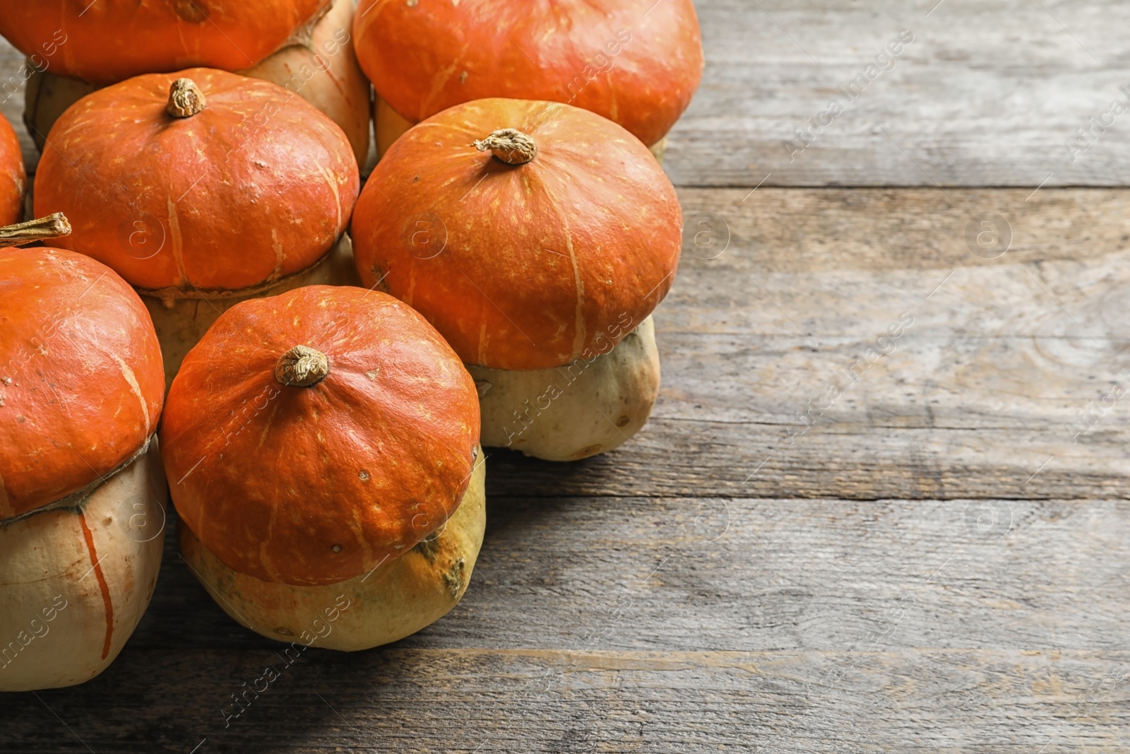 Photo of Orange pumpkins with space for text on wooden table. Autumn holidays