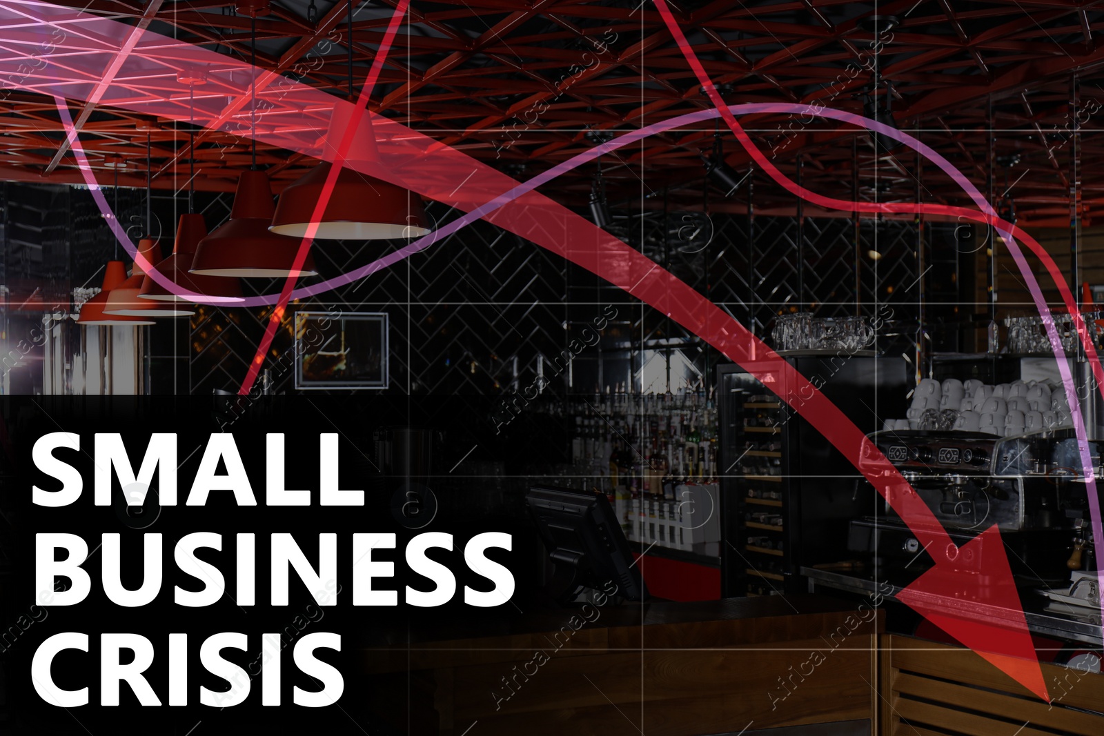 Image of Double exposure of stylish cafe interior and falling down financial chart. Small business crisis during covid-19 outbreak