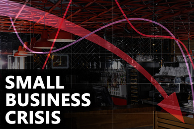 Image of Double exposure of stylish cafe interior and falling down financial chart. Small business crisis during covid-19 outbreak