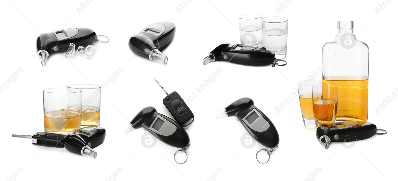 Image of Set with modern digital breathalyzers on white background, banner design