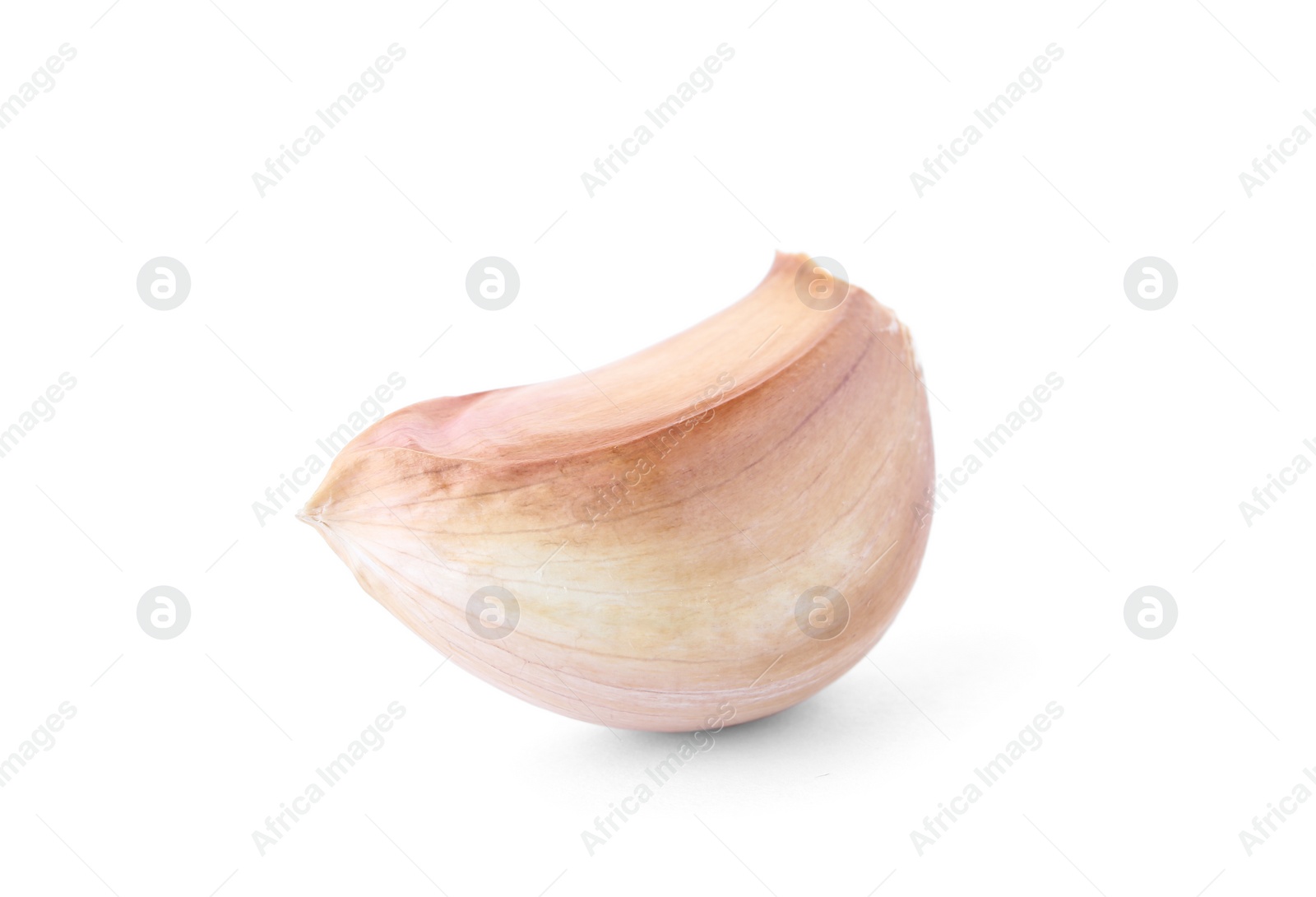 Photo of Fresh unpeeled garlic clove on white background