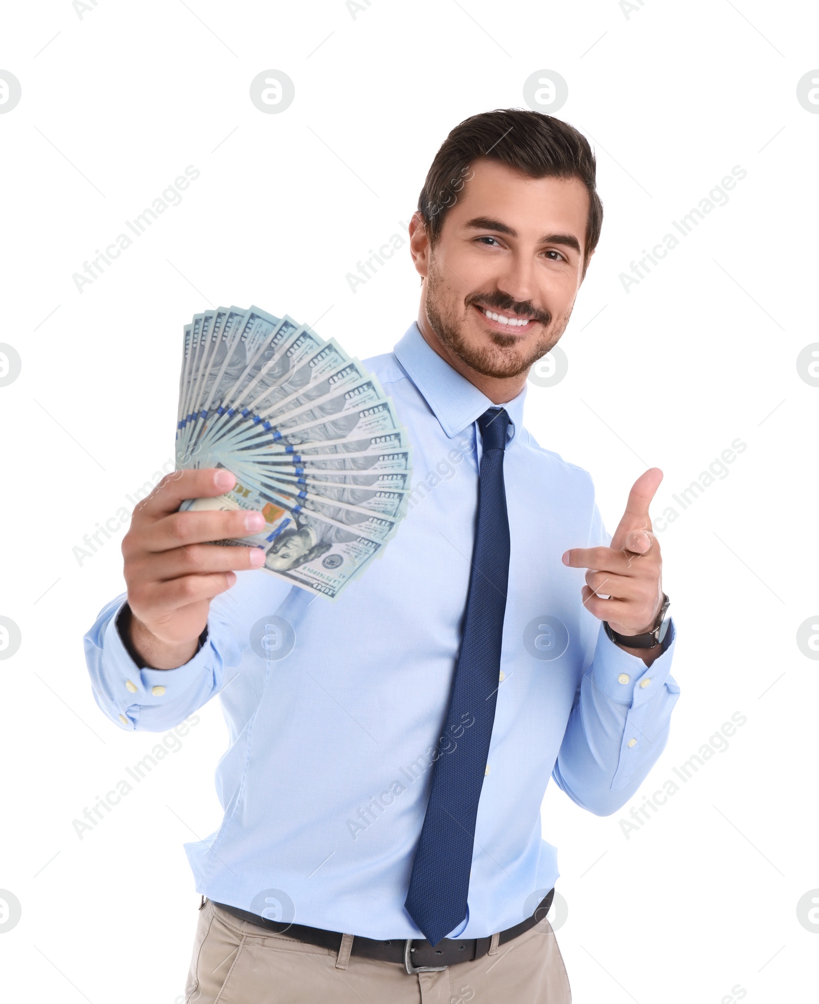 Photo of Handsome businessman with dollars on white background