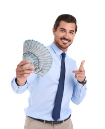 Photo of Handsome businessman with dollars on white background