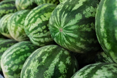 Photo of Delicious ripe watermelons as background, closeup view