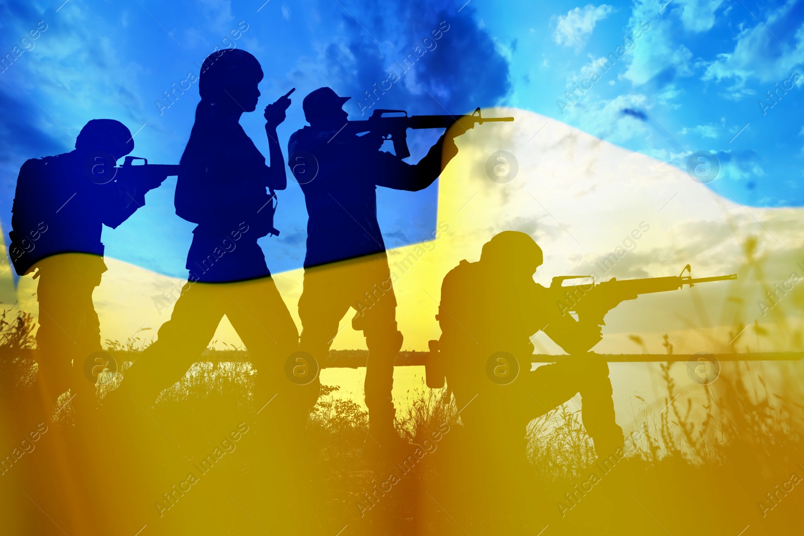 Image of Silhouettes of soldiers and Ukrainian national flag, double exposure