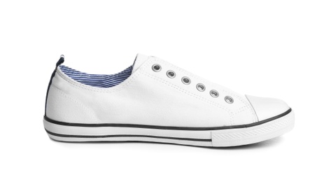 Photo of Stylish sneaker on white background. Trendy footwear