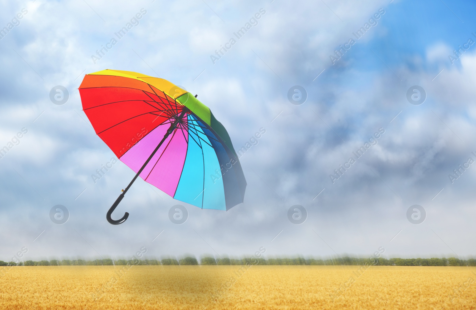 Image of Open umbrella blown by wind gust outdoors