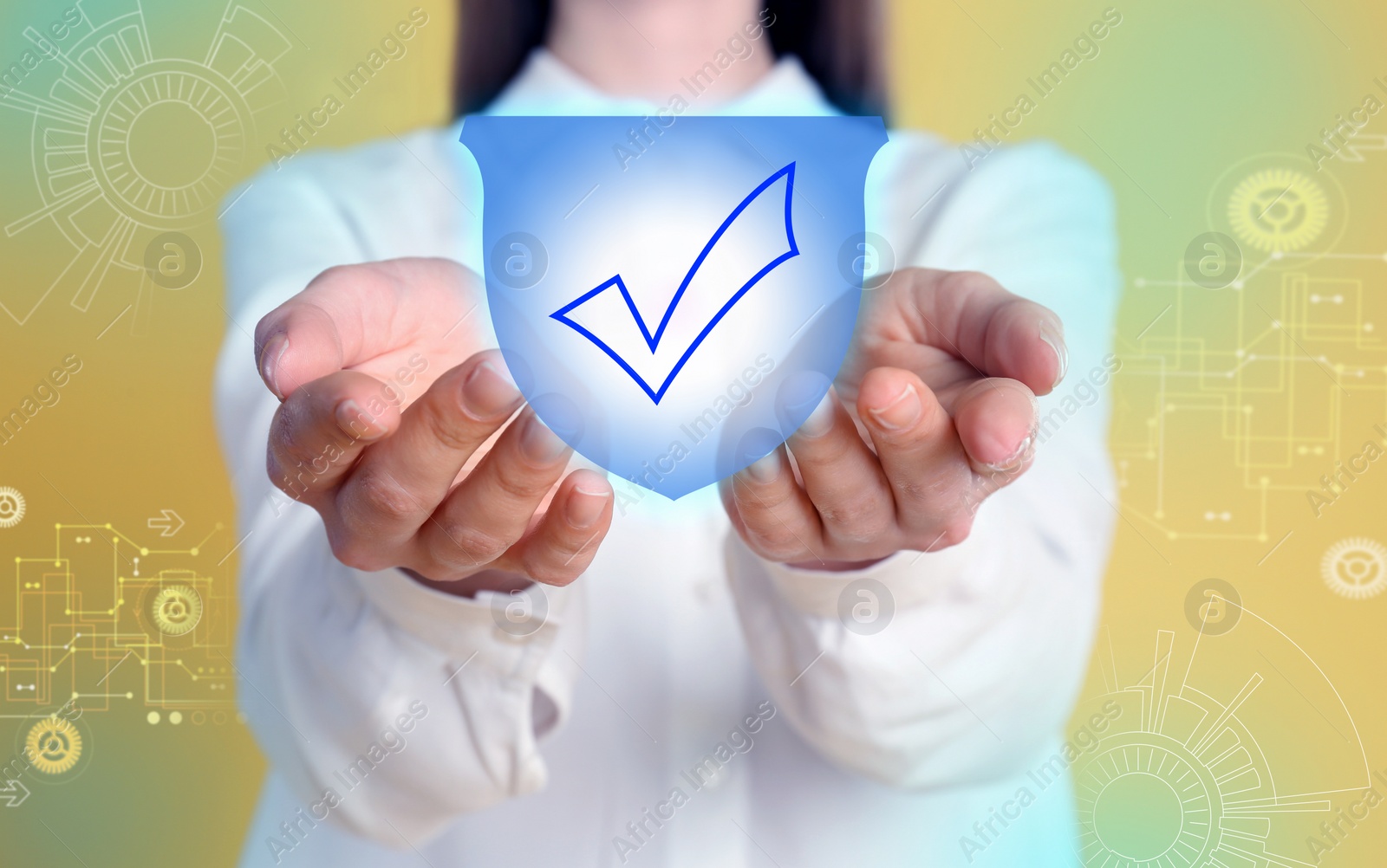 Image of Cyber crime protection. Businesswoman demonstrating digital shield symbol, closeup