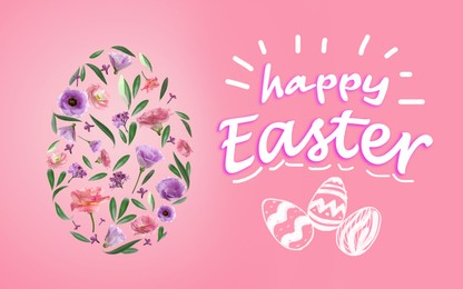 Image of Happy Easter. Egg shape made of flowers and leaves on pink background, flat lay 