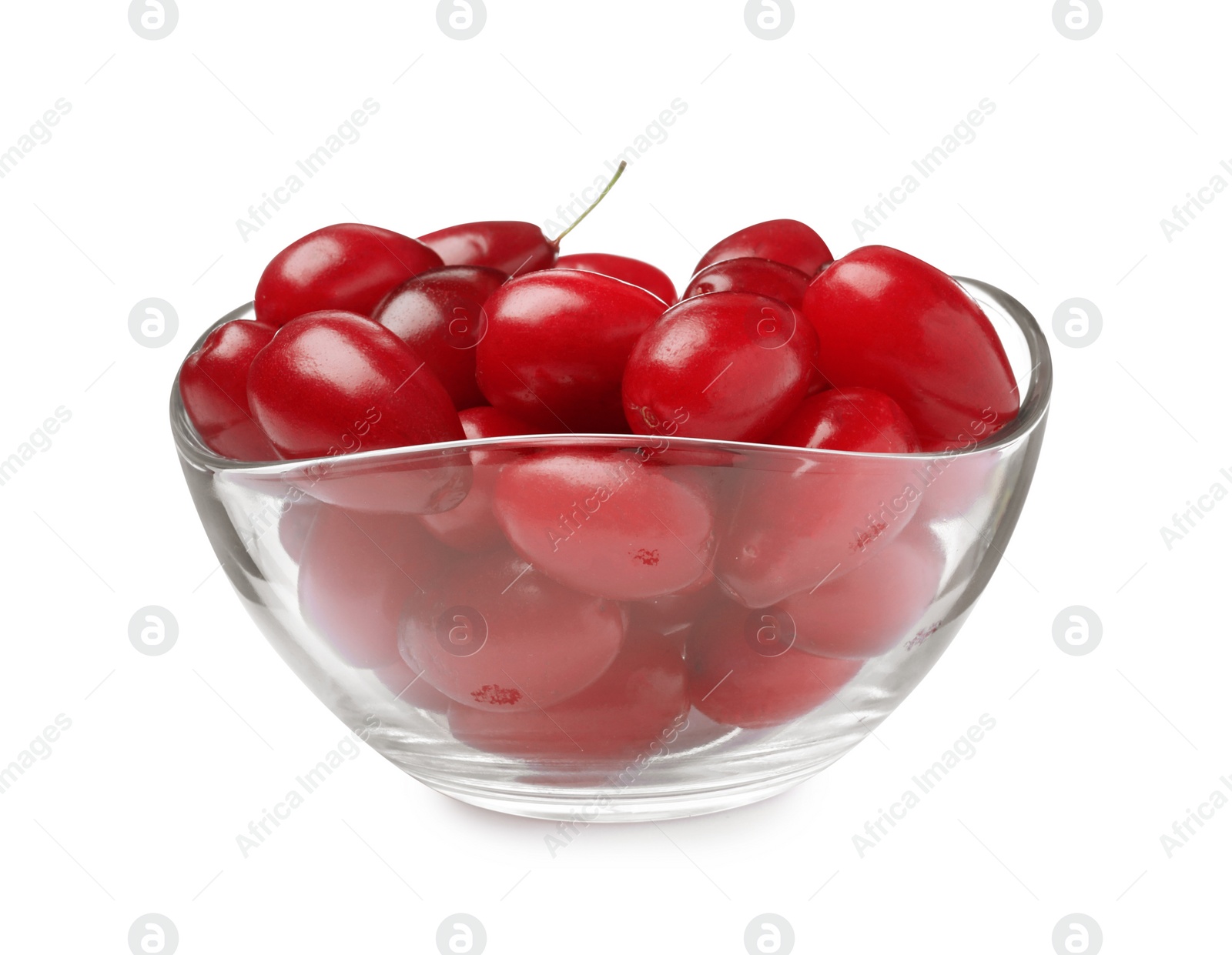 Photo of Fresh ripe dogwood berries in glass bowl on white background