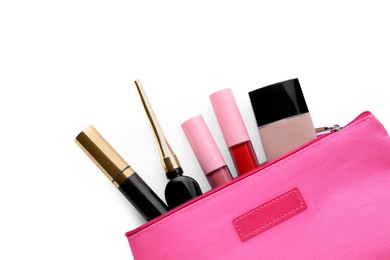 Black eyeliner and other makeup products in cosmetic bag on white background, top view