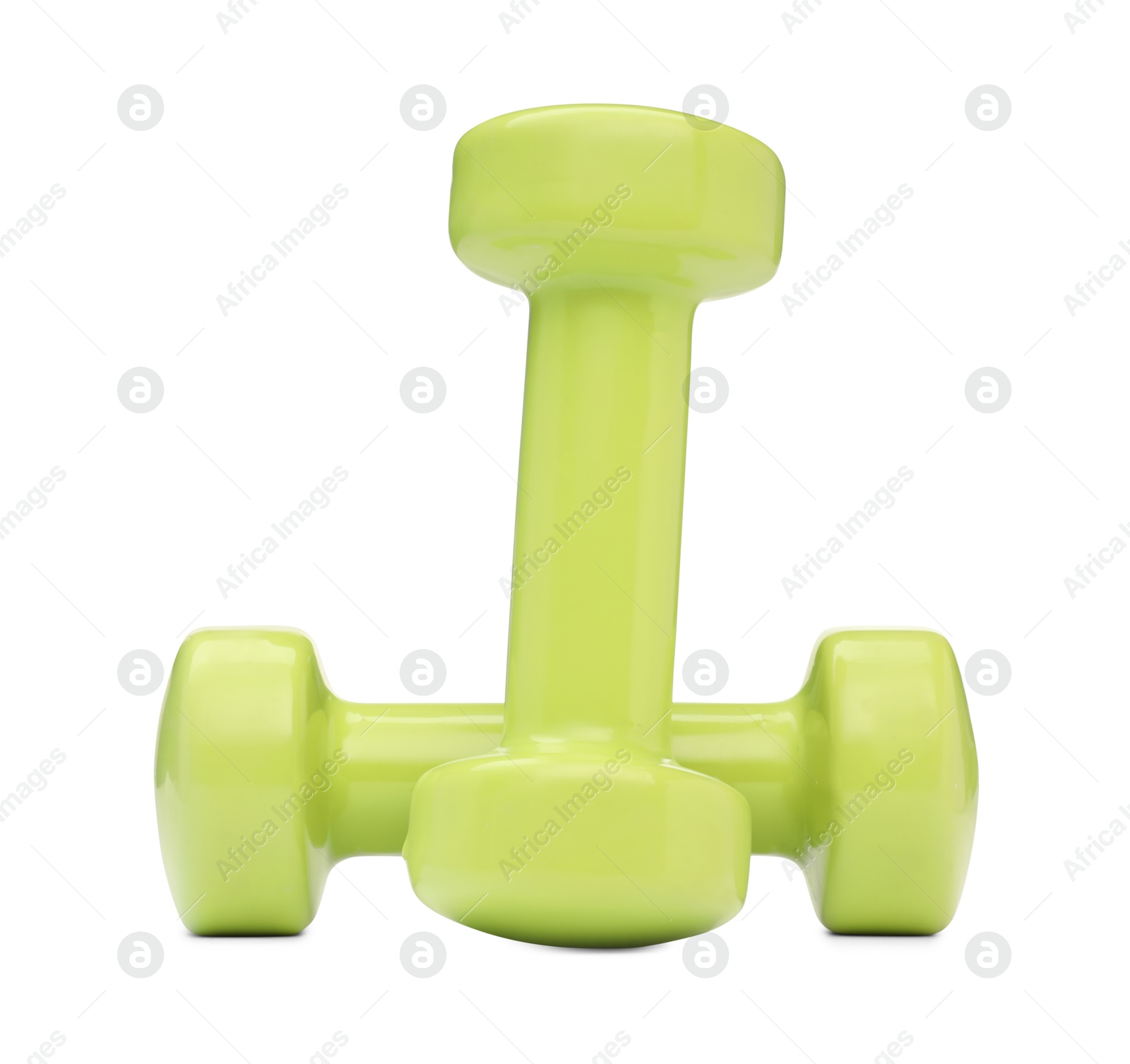 Photo of Light green dumbbells isolated on white. Sports equipment